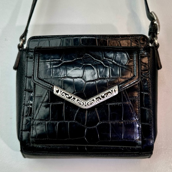 Brighton Handbags - Black Croc-Embossed Leather Crossbody Bag with Silver Trim & Organizer